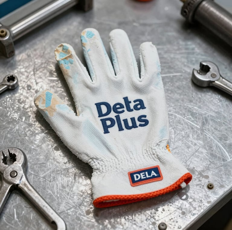Delta Plus protective gloves resting on a steel surface with industrial tools