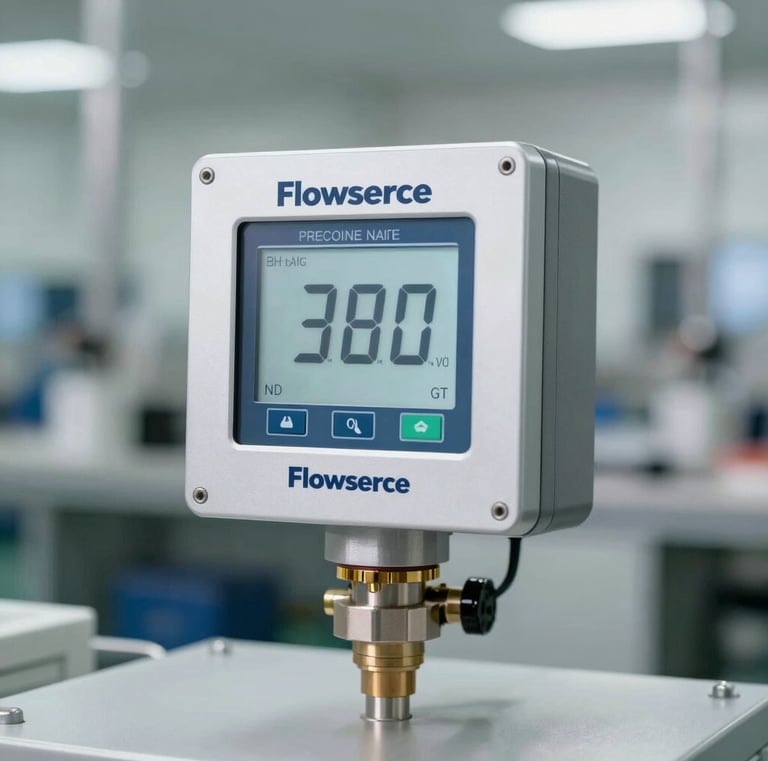 Flowserve precision flow instrumentation with digital display in a factory setting