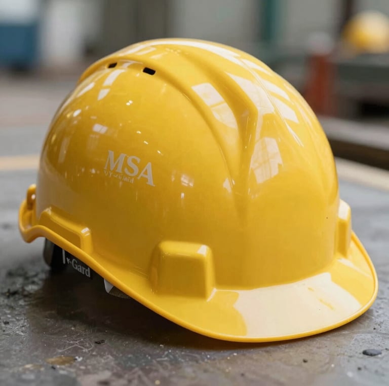 Close-up of a yellow MSA V-Gard safety helmet on an industrial site