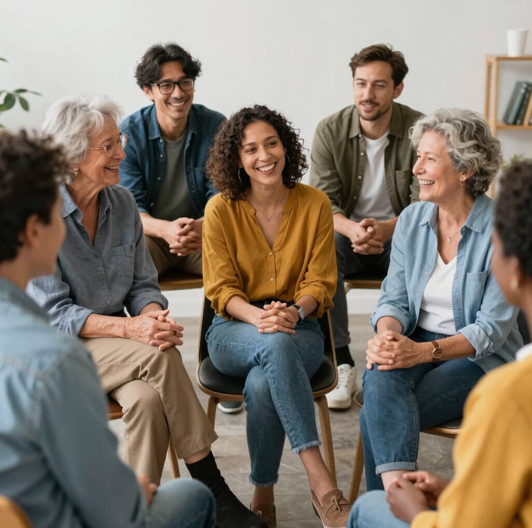 Happy family standing in front of their newly purchased house, smiling warmly.