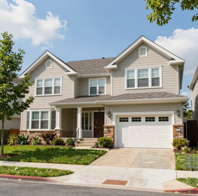 A bustling neighborhood street lined with charming homes and local shops on a sunny day.