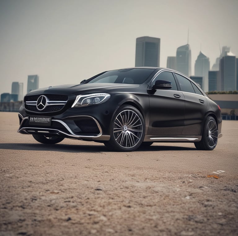A sleek black VIP van parked by the Santorini caldera at sunset