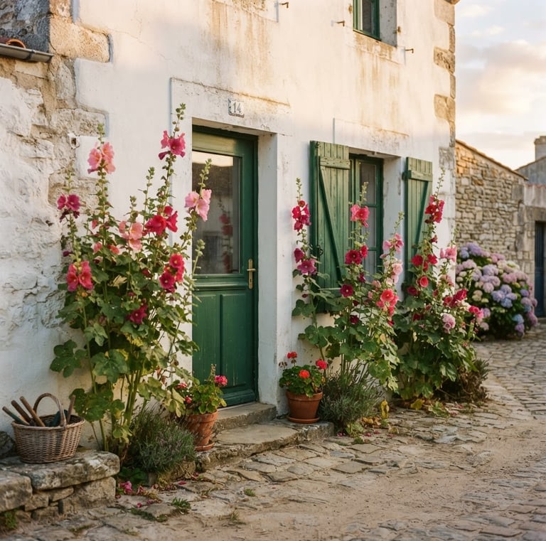 Intimate medium shot of a traditional white Rétaise house facade with green shutters, climbing hollyhocks, soft late afternoon golden hour sun, 35mm