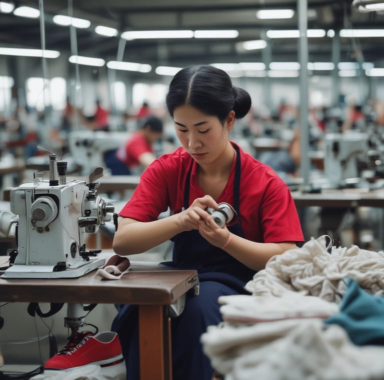 Quality control technician inspecting shoe details with precision tools.