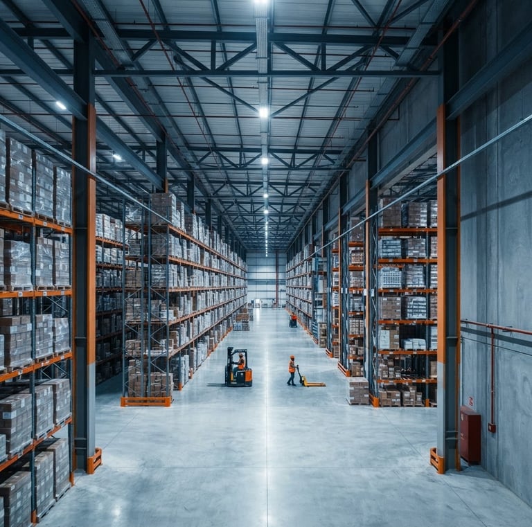 Industrial editorial photography of a massive, clean warehouse interior in Karachi. High-contrast warehouse lighting with cool steel-blue ambient tones and warm safety-orange accents on structural pillars. Straight-on architectural perspective of high-density organized pallet racks, conveying absolute security and scale.