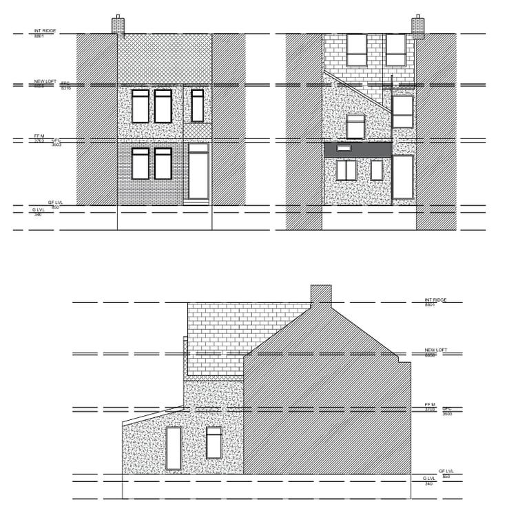 Architectural elevation drawing showing proposed house extensions and loft conversion plans.