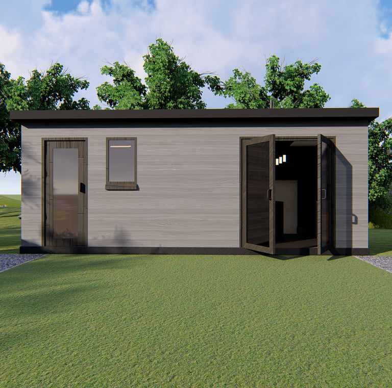 Modern grey garden office pod with a flat roof and double glass doors in a landscaped backyard.