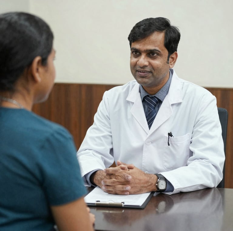 Dr. Chanchal Sarkar consulting with a patient, showing warmth and professionalism.