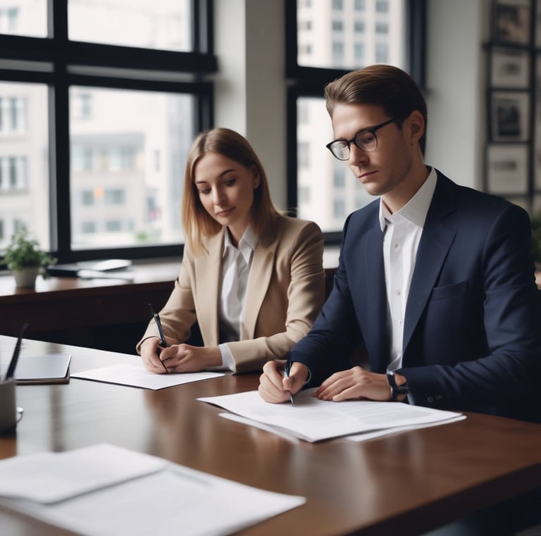 Photo of a client signing an insurance contract with a friendly agent in a cozy office.