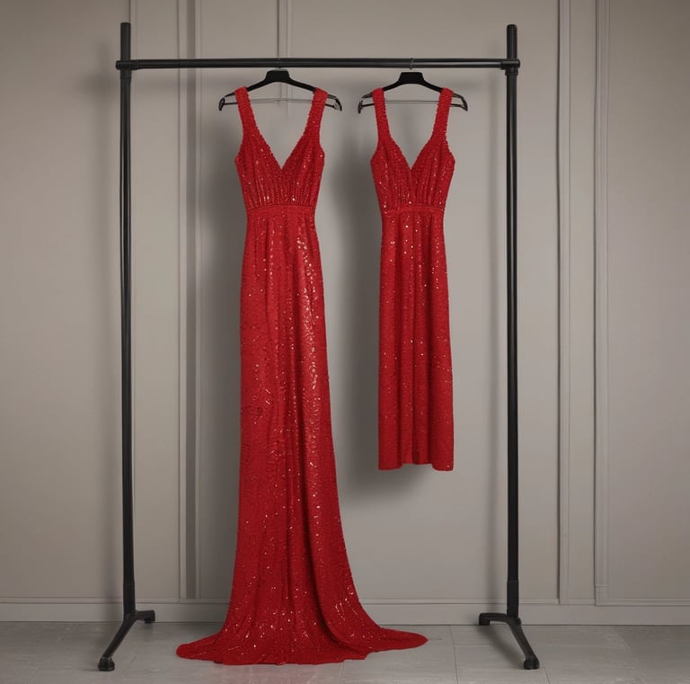 A flowing dress with clean lines hanging gracefully in a bright, airy studio.