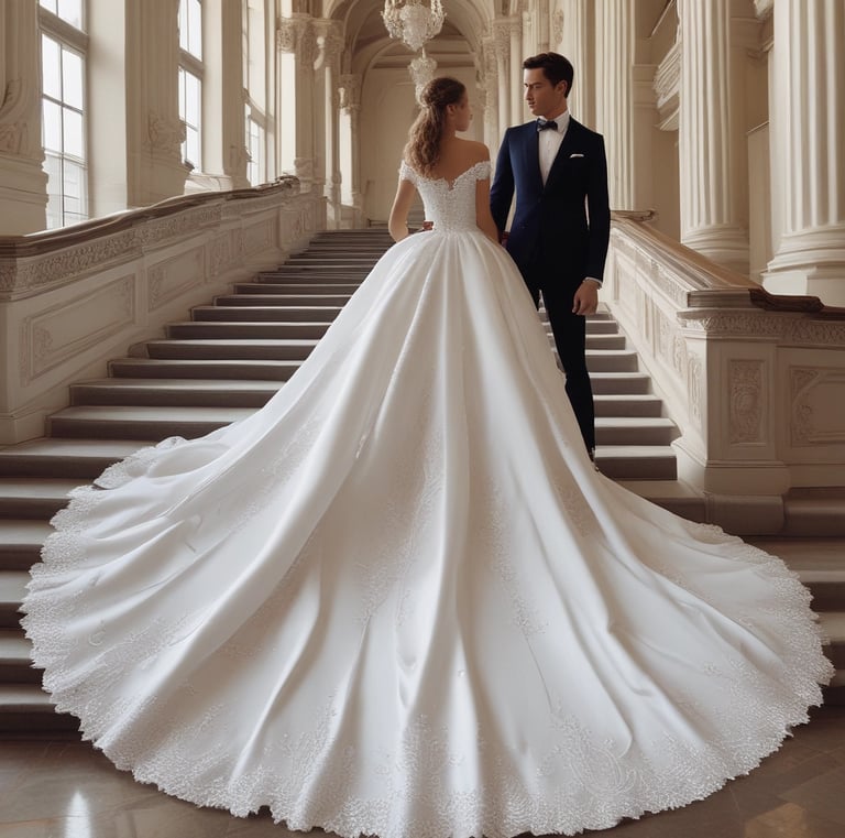 An elegant dress draped over a simple chair in a modern, white-walled room.