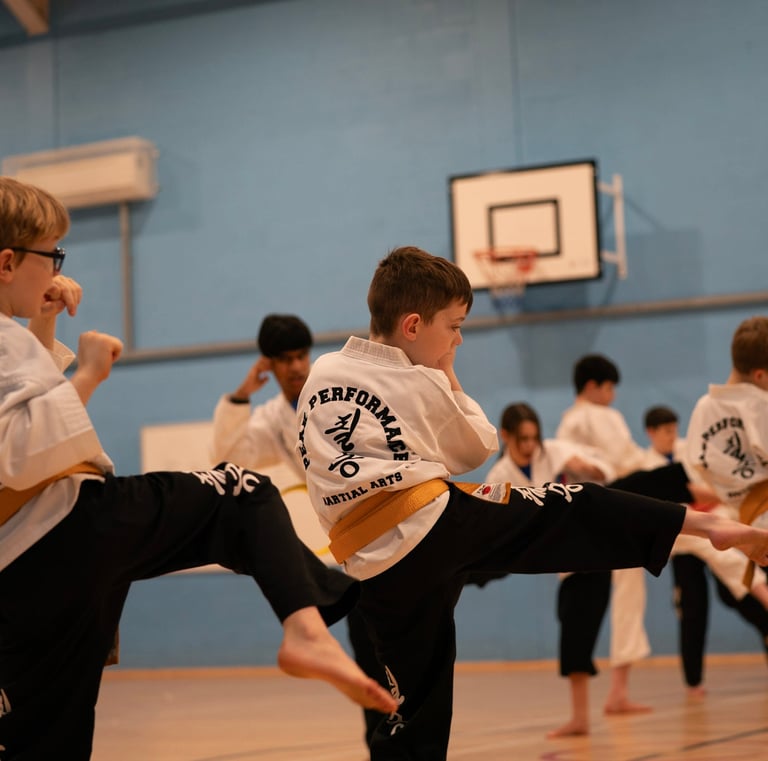 Young children practicing karate side kicks in a martial arts class wearing white uniforms and colored belts.