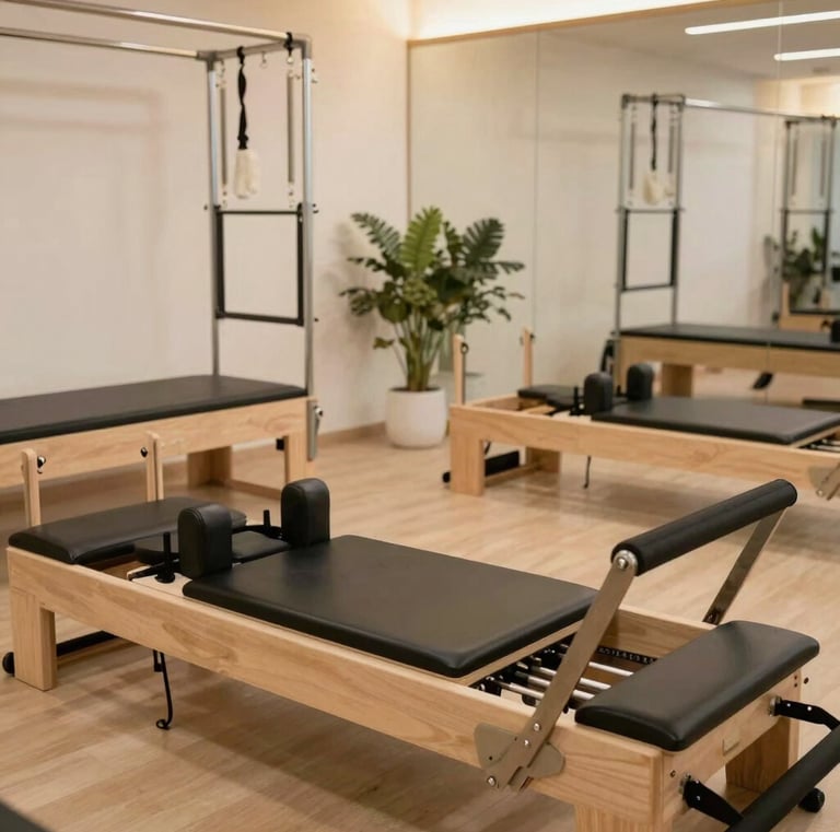 A group Pilates class in action, with participants engaged and smiling in a warm, inviting space.