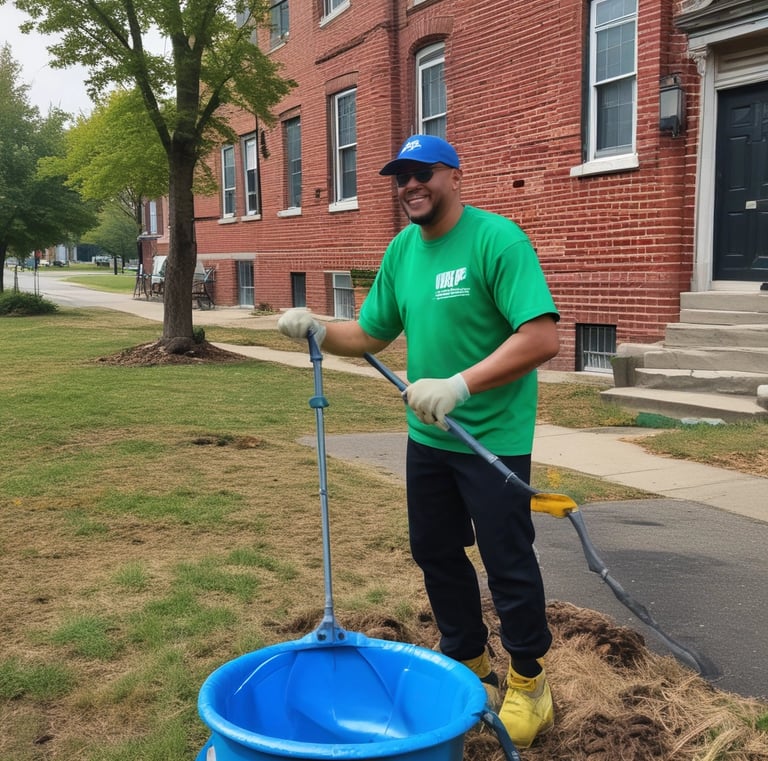 Volunteers planting flowers along a city sidewalk, brightening the neighborhood.