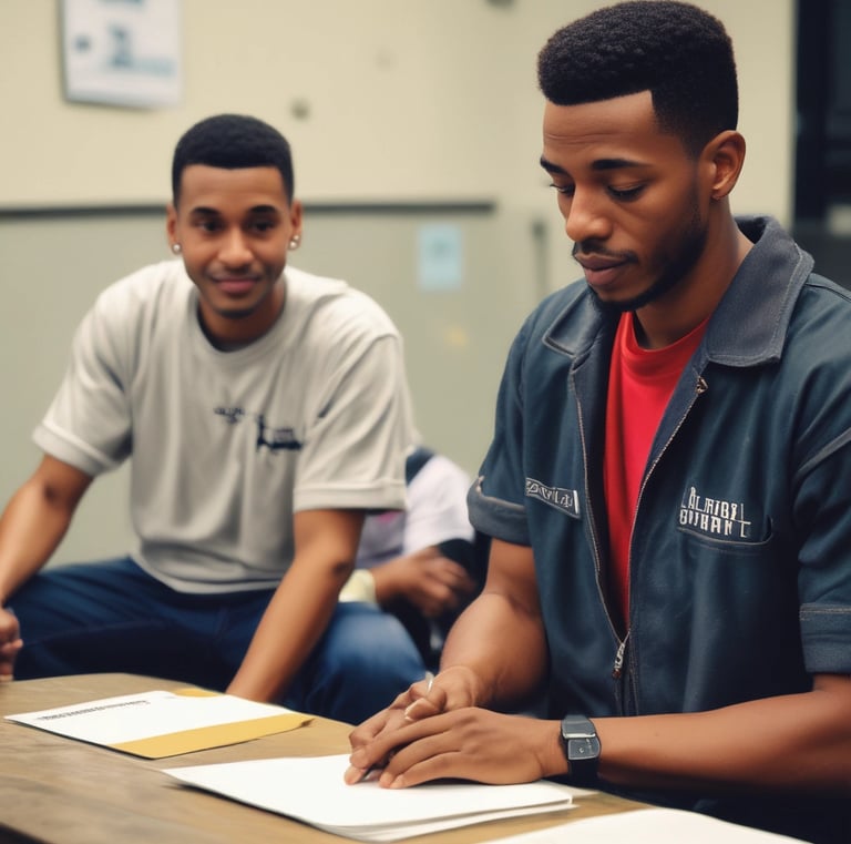 A group of men in Purpose Driven Men shirts cleaning up a city park on a sunny day.