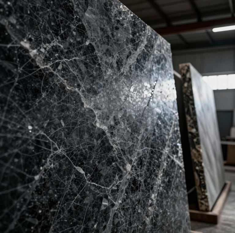 Close-up macro shot of quartz slab veining, dramatic side-lighting highlighting texture, dark moody tones, high-contrast, sharp focus, 35mm architectural lens, slabs standing in a well-lit warehouse gallery, hinting at the manufacturing process.