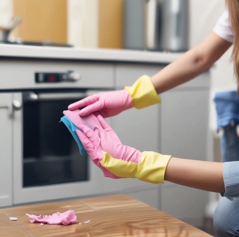 Hands wiping down cabinet interiors and drawers, emphasizing thorough cabinet and drawer wipe-out service.