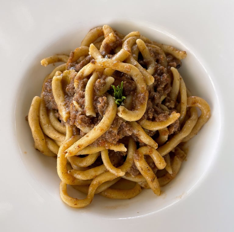 Plate of pici toscani with white ragu 