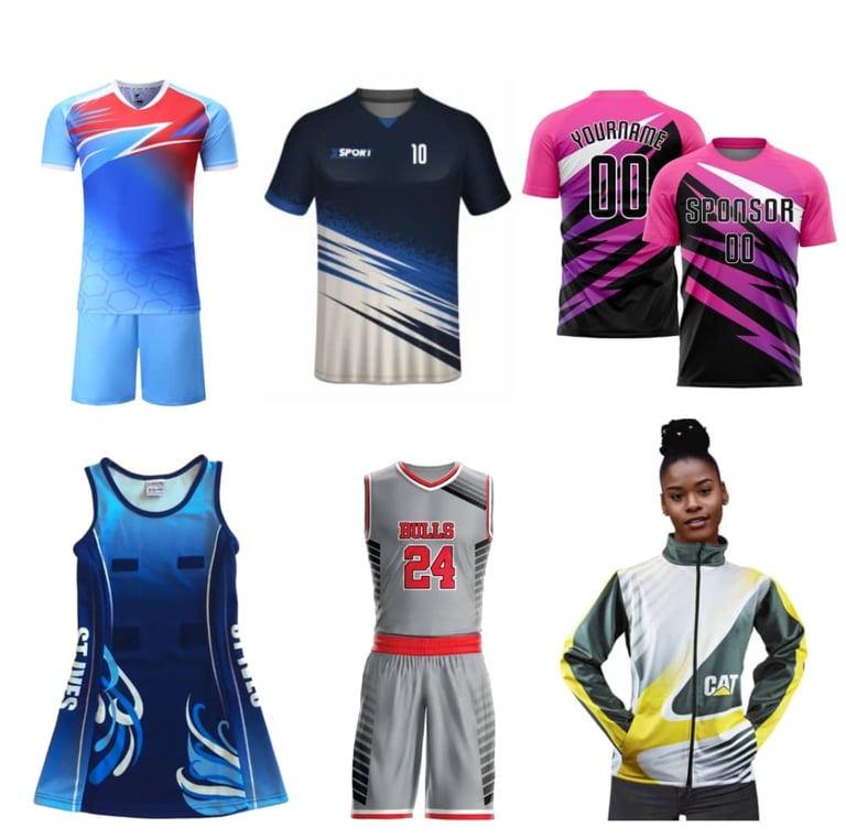 a group of different sports uniforms and uniforms
