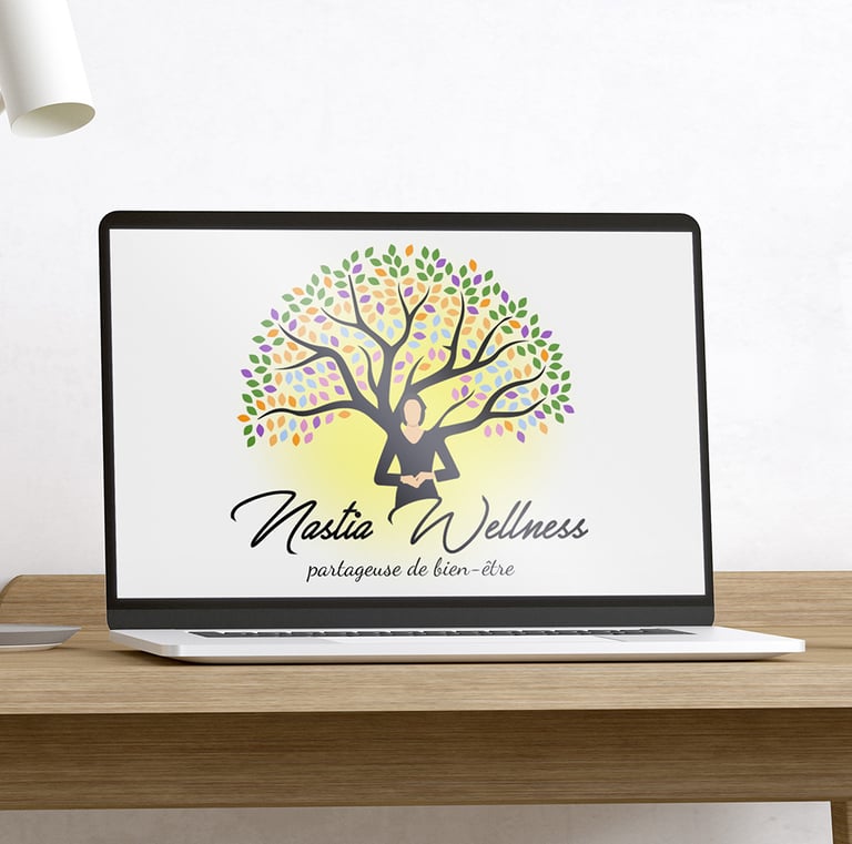 Ordinateur portable posé sur un bureau en bois clair et ouvert avec l'image d'un logo avec une femme