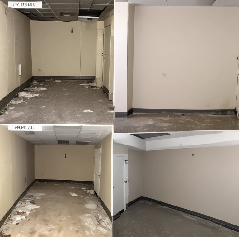 Restored living room showing fresh paint and no signs of previous mold.