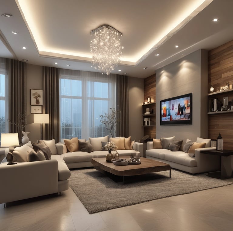 A cozy living room with warm lighting and comfortable furniture.
