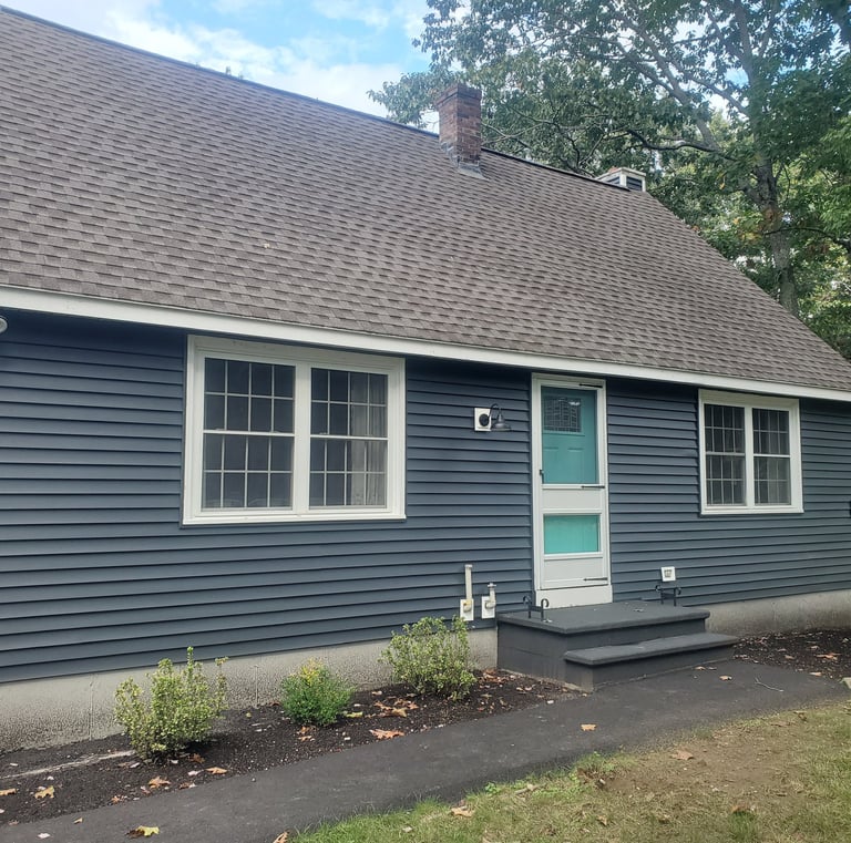 a house with a blue door and a green door