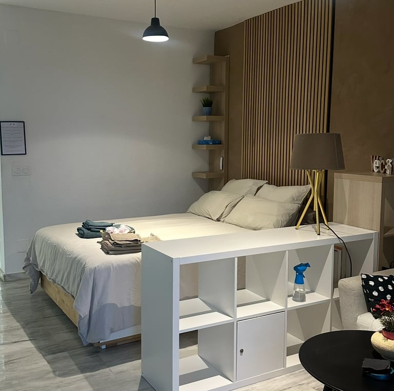 a bedroom with a bed and a couch