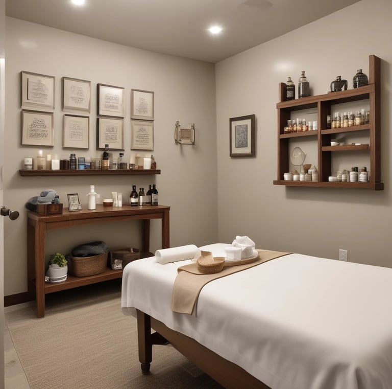 Various wellness and beauty products, including oils in bottles, a bowl of oil, dried flowers, crystals, a smudge stick, and a small dish of cream, are arranged aesthetically on a light surface. The scene is decorated with colorful flowers and herbs.