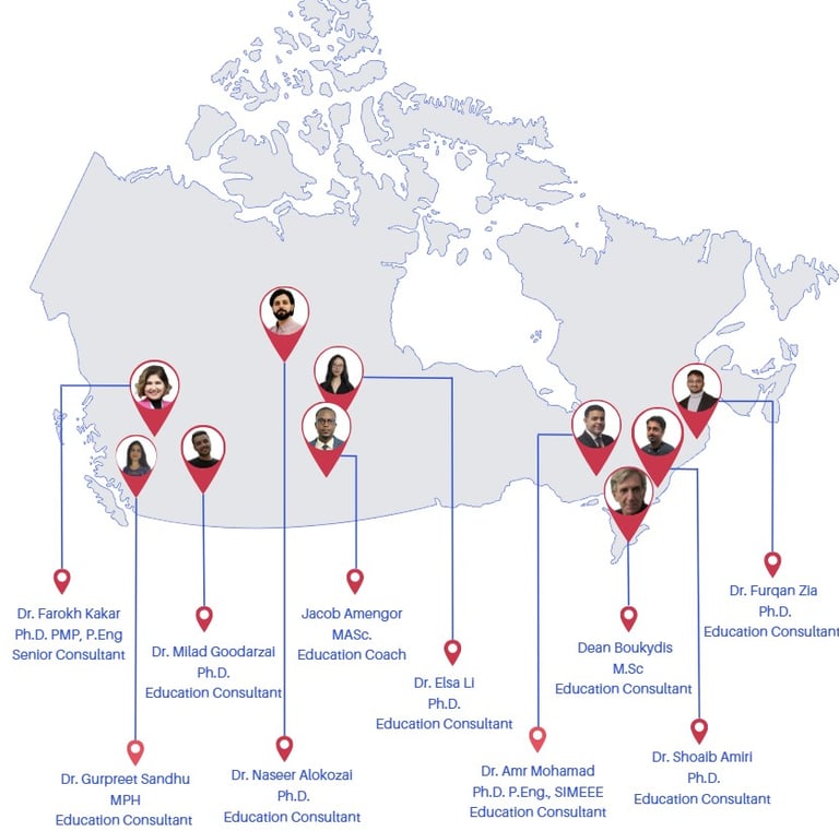 Map of Canada showing 10 education consultants and coaches with location pins, names, qualifications