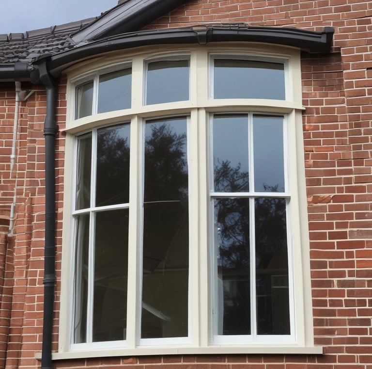A worker is suspended on ropes, cleaning the windows of a large brick building. The person is equipped with cleaning gear, including a brush and a safety harness attached to a bucket of supplies. The window panes have visible streaks being cleaned, contrasted against the industrial background of brick and metal.