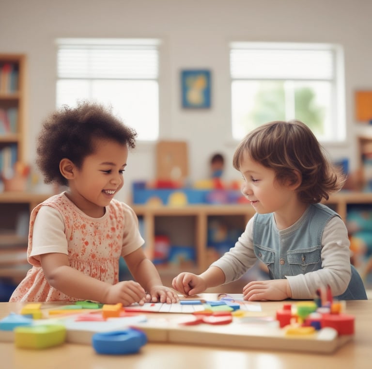 A bright and colorful children's play area with circular seating in pastel shades of pink, green, and blue. The room is filled with various play equipment and toys, including a playhouse and books. The ceiling is decorated with green and blue hanging flags, and the flooring is wooden. Large windows at the far end allow natural light to flood the room.