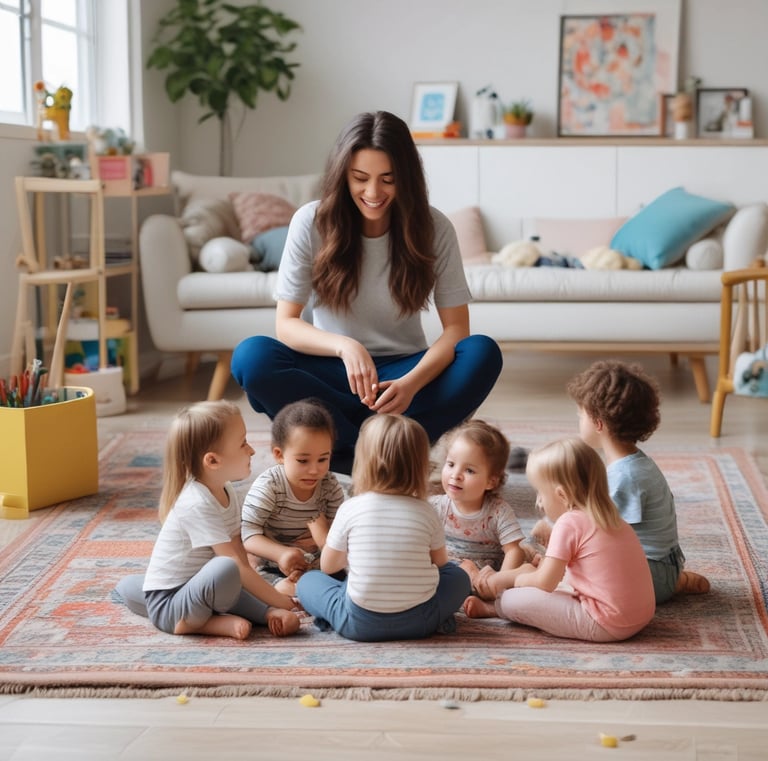 A bright, organized classroom with educational materials on the walls. There are colorful alphabet and number charts, a variety of shelves holding different toys, a small table with red chairs, an easel, and a vibrant blue rug featuring sports balls. The room has a welcoming and educational atmosphere.