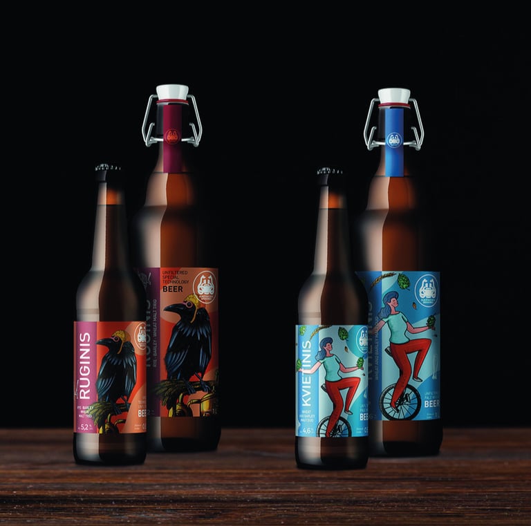 Beer labels for rye and barley beers, crow illustration and a circus woman design