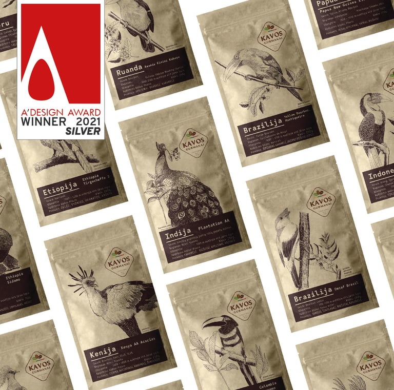  Award winning coffee packagind design, kraft doypacks with dark brown bird illustrations