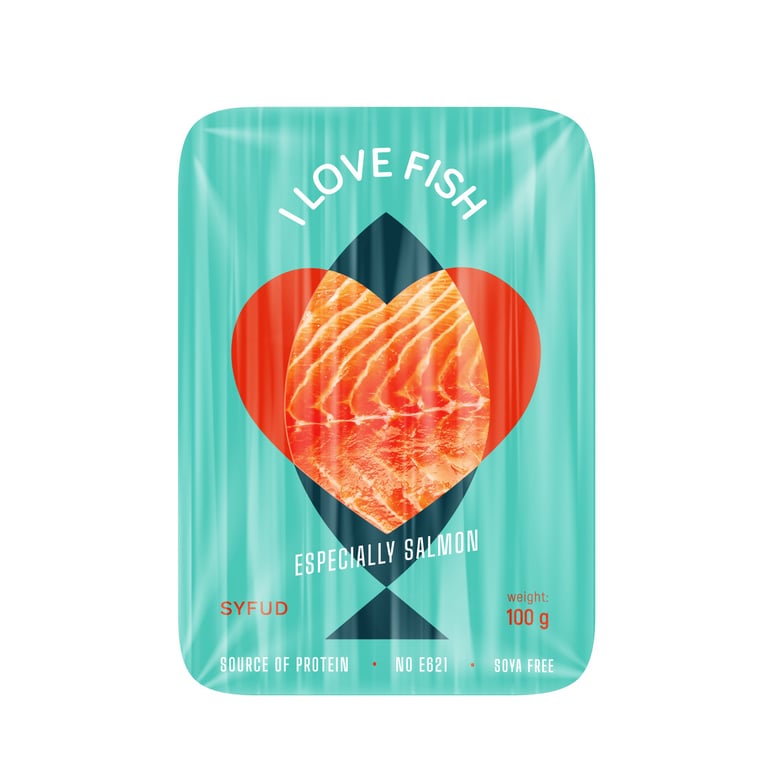 Salmon packaging, teal color, orange heart, i love fish