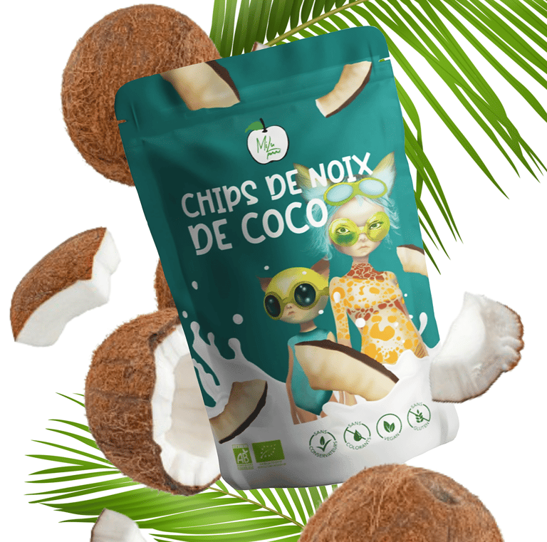 coco chips pakaging design, teal bag with futuristic caracters 