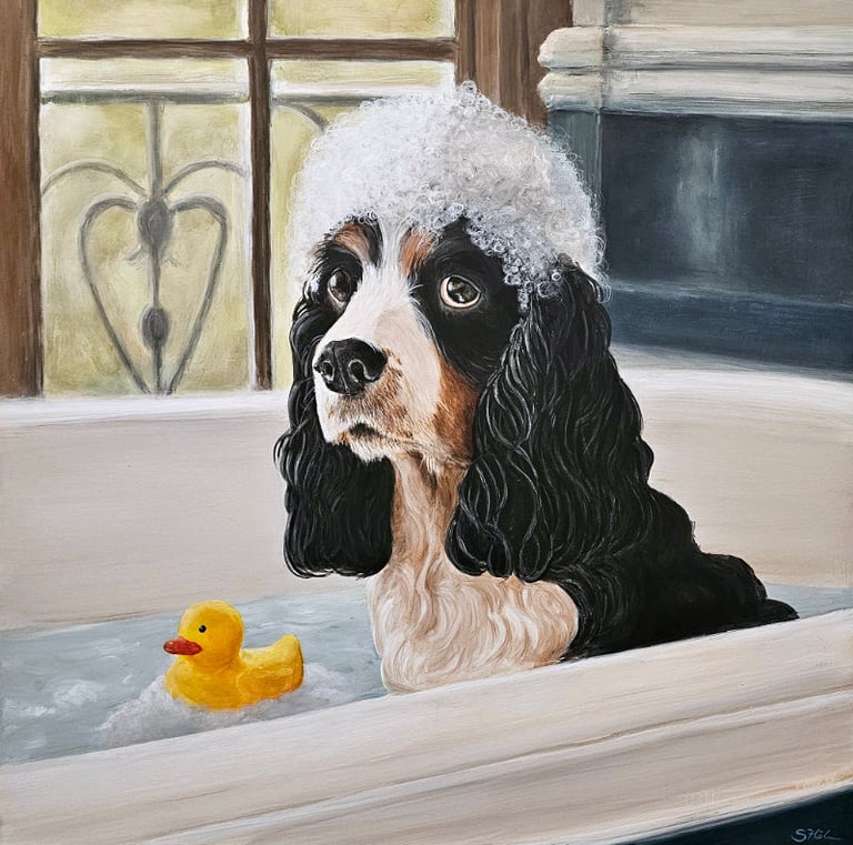 Hund mit Quietscheente und Schaum auf dem Kopf in einer Badewanne