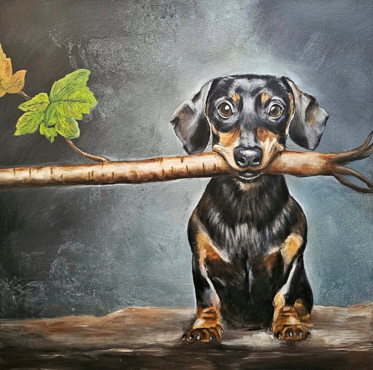 Dackel mit einem kleinen Baum im Maul