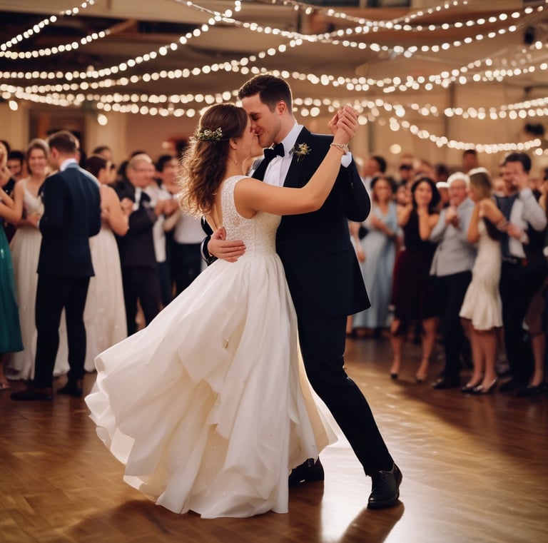 A joyful couple dancing together under colorful lights.
