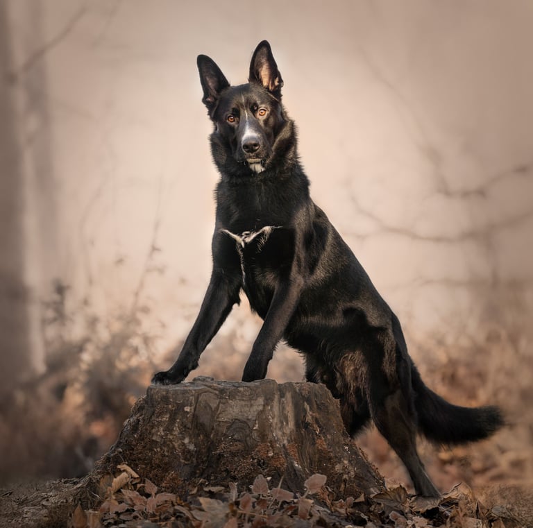 A black German Shepherd dog stands alert on a tree stump during pet photography in Wakefield