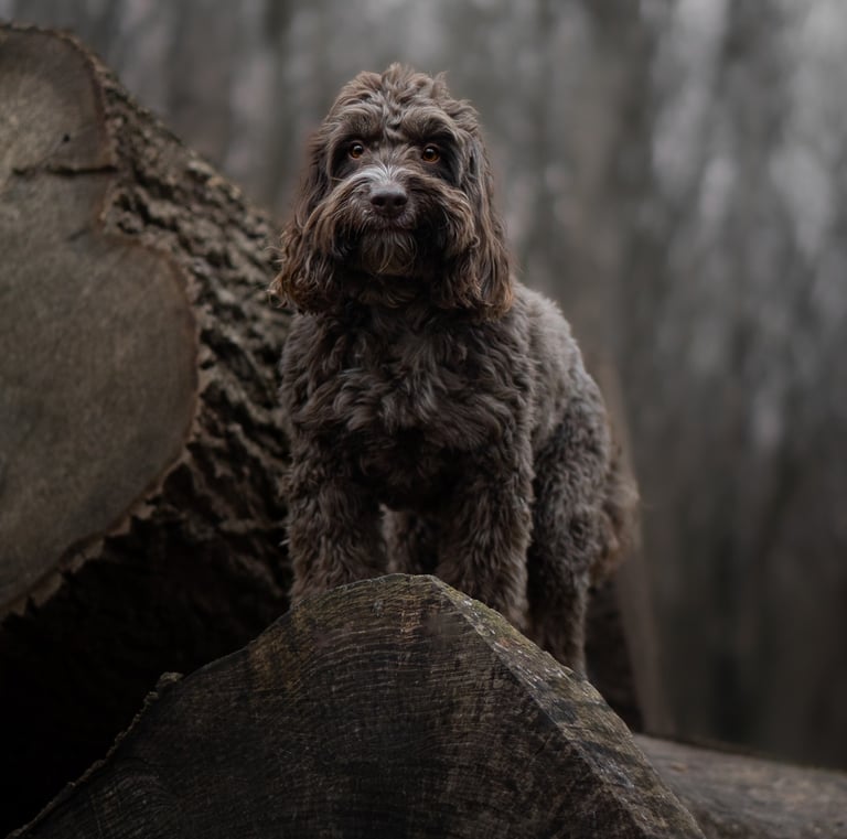 A brown Labradoodle dog during pet photography in Wakefield