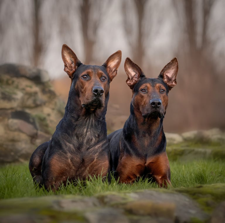 Two watchful black and tan Thai Ridgeback dogs laying together pet photography in Wakefield
