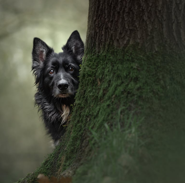 Black border collie dog peeking from behind a mossy tree during pet photography in Wakefield