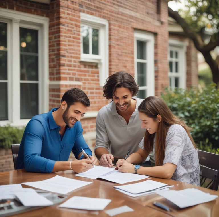 A cityscape with a real estate sign in the foreground, prominently displaying the name and phone number. Surrounding the sign are various buildings with different architectural styles, some with scaffolding and green netting. The scene features a mix of older, worn structures alongside modern glass-fronted buildings. Power lines and construction materials add to the urban complexity.