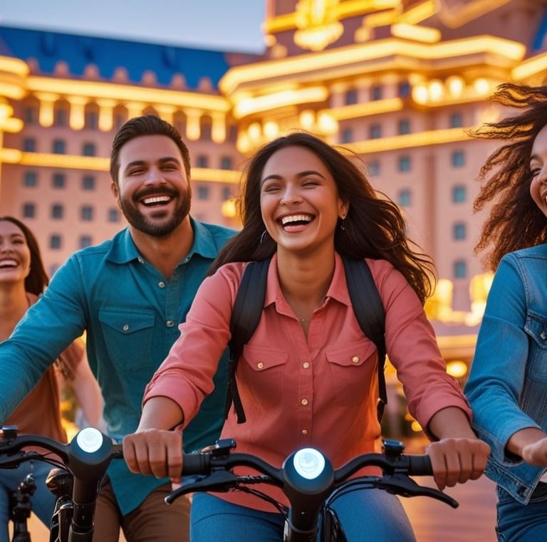 a group of people riding bikes in front of a hotel