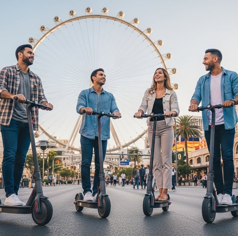 a group of people riding scooters on a city street