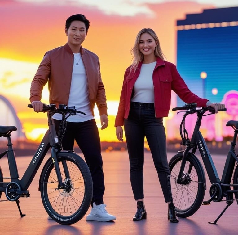 a man and woman standing next to each other posing with their bicycles