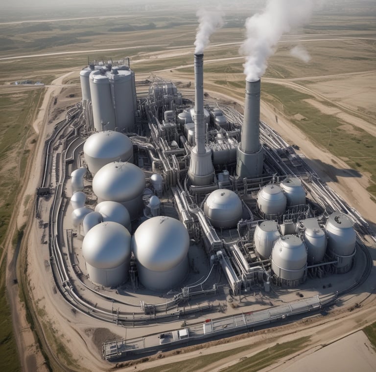 Four workers are engaged in an industrial setting, possibly an oil rig or construction site. They are wearing protective clothing and helmets, surrounded by heavy machinery and equipment. The environment suggests manual labor and teamwork.