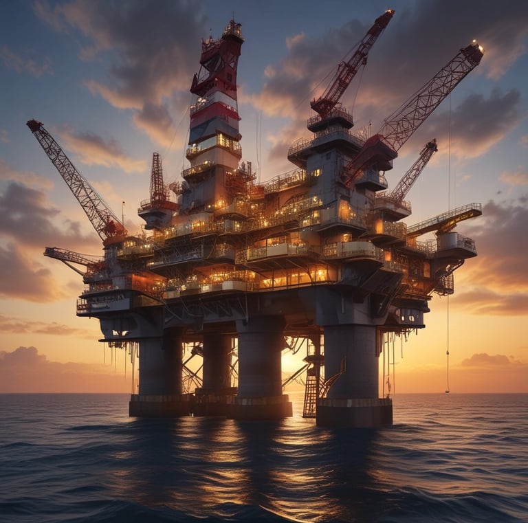 An offshore oil drilling platform is situated in the middle of a large expanse of blue ocean, under a sky scattered with fluffy clouds. A smaller boat or ship is seen moving away from the platform, leaving a trail in the water.